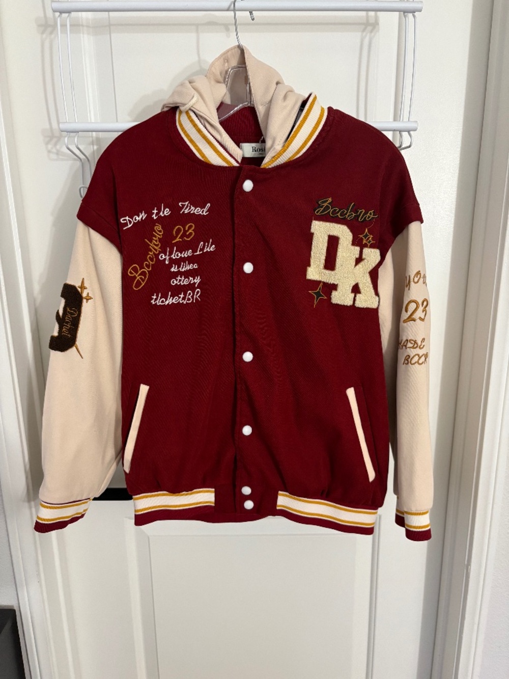 Maroon Red Varsity Bomber Jacket Detachable Hood from Korea Women’s Size Medium
